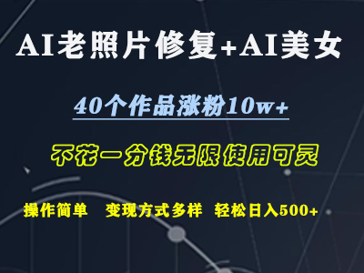 AI老照片修复+AI美女玩发  40个作品涨粉10w+  不花一分钱使用可灵  操作简单  变现方式多样话   轻松日去500+-知联副业
