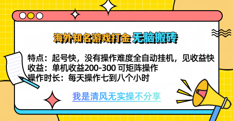 知名游戏打金，无脑搬砖单机收益200-300+  即做！即赚！当天见收益！-知联副业