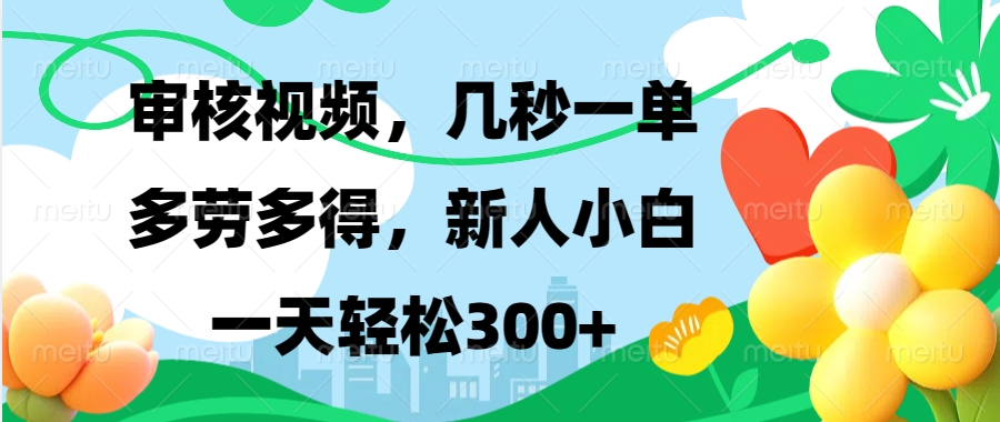 审核视频，几秒一单，多劳多得，新人小白一天轻松300+-知联副业