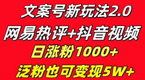 【副业项目8628期】文案号新玩法 网易热评+抖音文案 一天涨粉1000+-知联副业