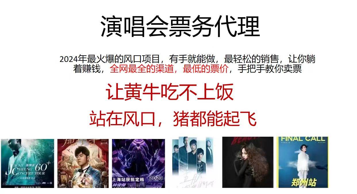 演唱会票务代理，2024年最火爆风口项目，全网最低的票价，小白一分钟上…-知联副业
