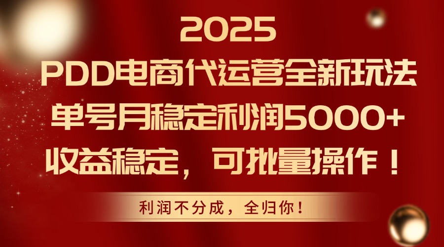 2025 PDD电商代运营全新玩法，单号月稳定利润5000+，收益稳定，可批量操作！-知联副业