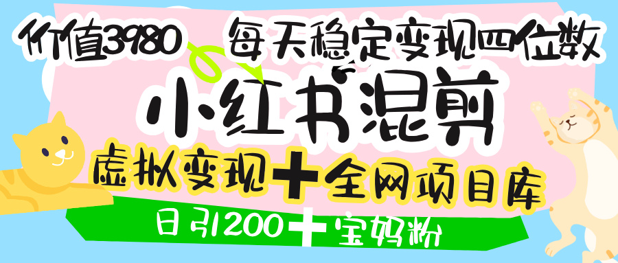 价值3980的小红书混剪， 虚拟变现 ＋全网项目库 ， 日引200+宝妈创业粉，每天稳定四位数变现-知联副业