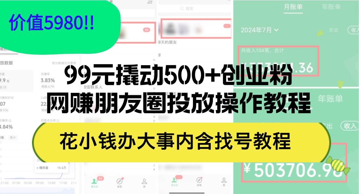 99元撬动500+创业粉，网赚朋友圈投放操作教程价值5980！花小钱办大事内…-知联副业